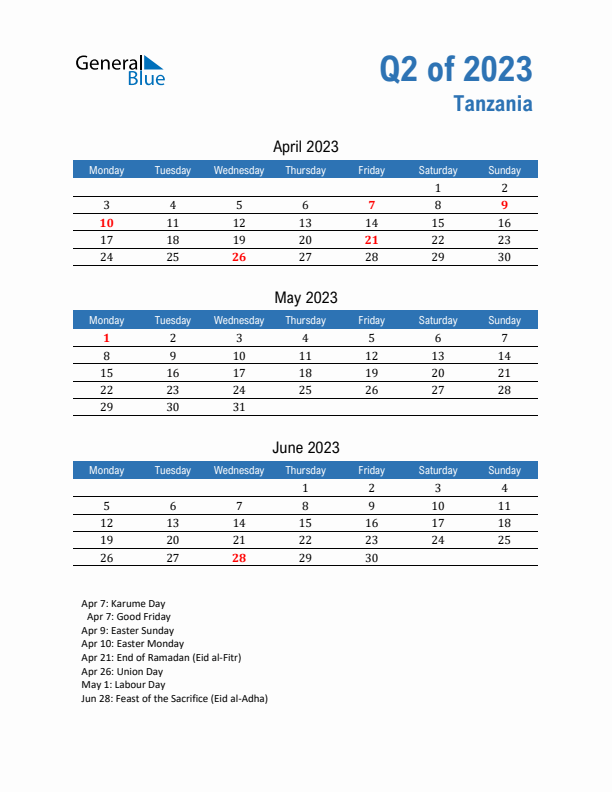 Tanzania Q2 2023 Quarterly Calendar with Monday Start