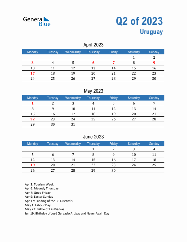 Uruguay Q2 2023 Quarterly Calendar with Monday Start