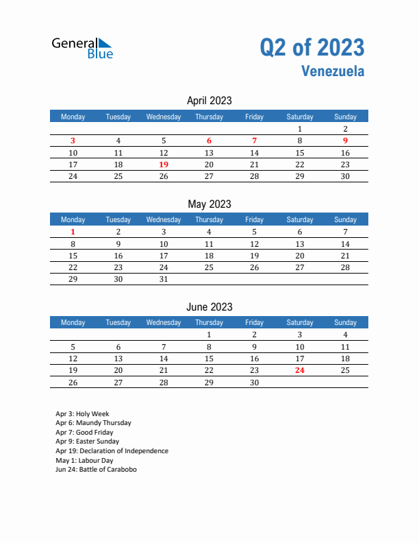 Venezuela Q2 2023 Quarterly Calendar with Monday Start