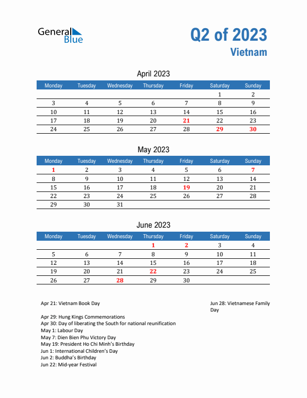 Vietnam Q2 2023 Quarterly Calendar with Monday Start