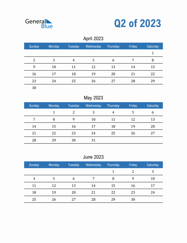 Fillable Quarterly Calendar for Q2 2023