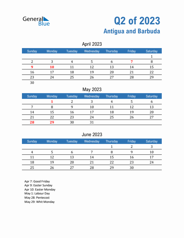 Antigua and Barbuda Q2 2023 Quarterly Calendar with Sunday Start