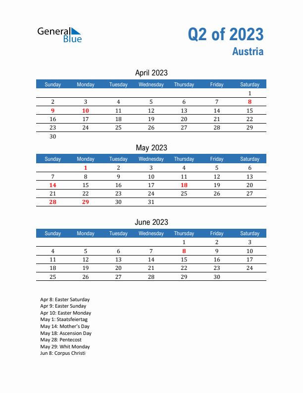 Austria Q2 2023 Quarterly Calendar with Sunday Start