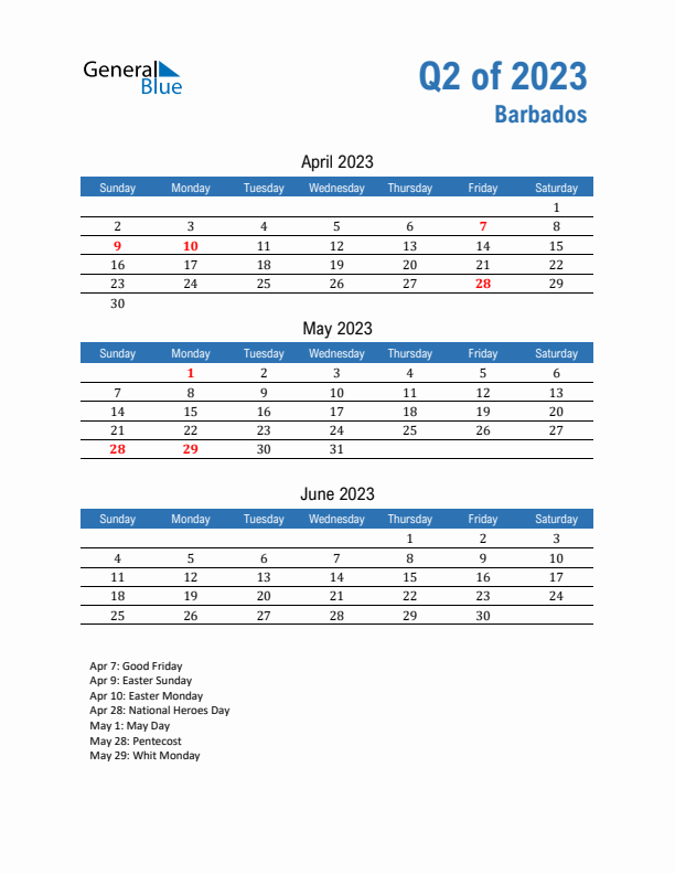 Barbados Q2 2023 Quarterly Calendar with Sunday Start