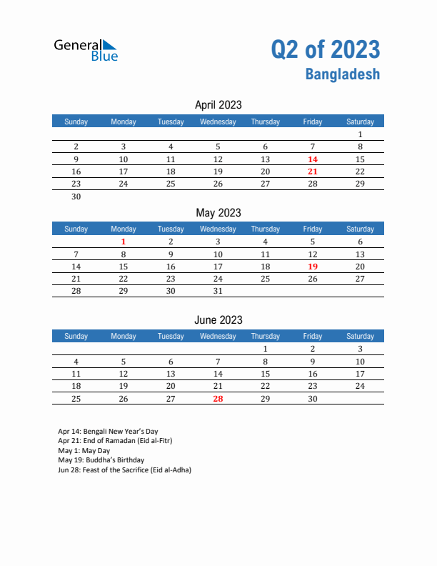 Bangladesh Q2 2023 Quarterly Calendar with Sunday Start