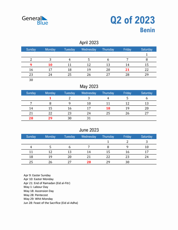 Benin Q2 2023 Quarterly Calendar with Sunday Start