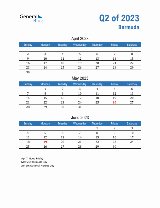 Bermuda Q2 2023 Quarterly Calendar with Sunday Start