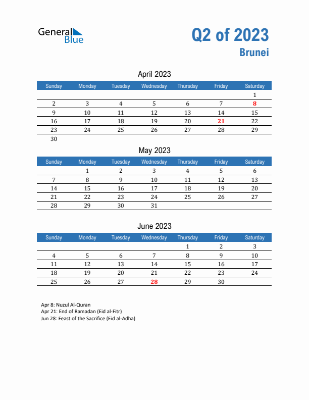 Brunei Q2 2023 Quarterly Calendar with Sunday Start