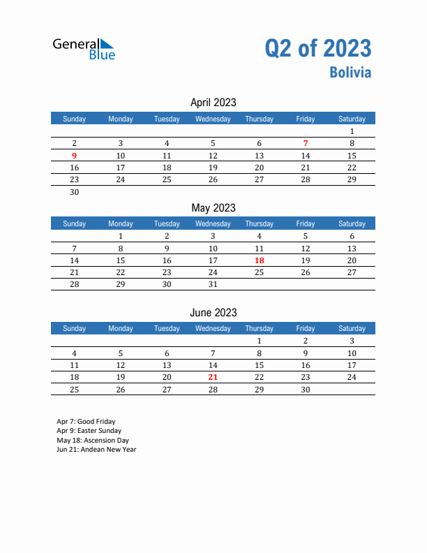 Bolivia Q2 2023 Quarterly Calendar with Sunday Start