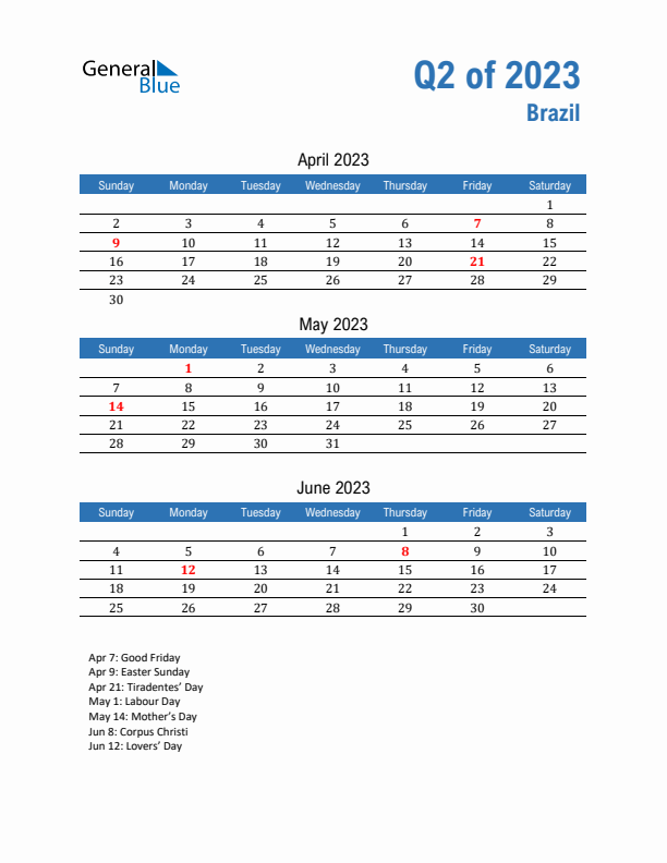 Brazil Q2 2023 Quarterly Calendar with Sunday Start