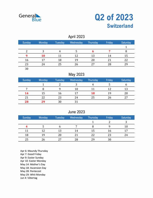 Switzerland Q2 2023 Quarterly Calendar with Sunday Start