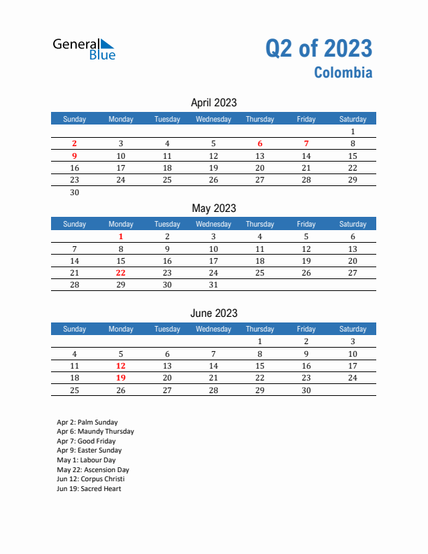 Colombia Q2 2023 Quarterly Calendar with Sunday Start