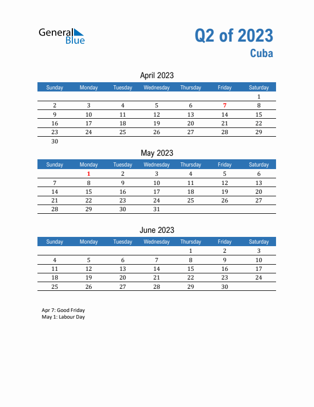 Cuba Q2 2023 Quarterly Calendar with Sunday Start