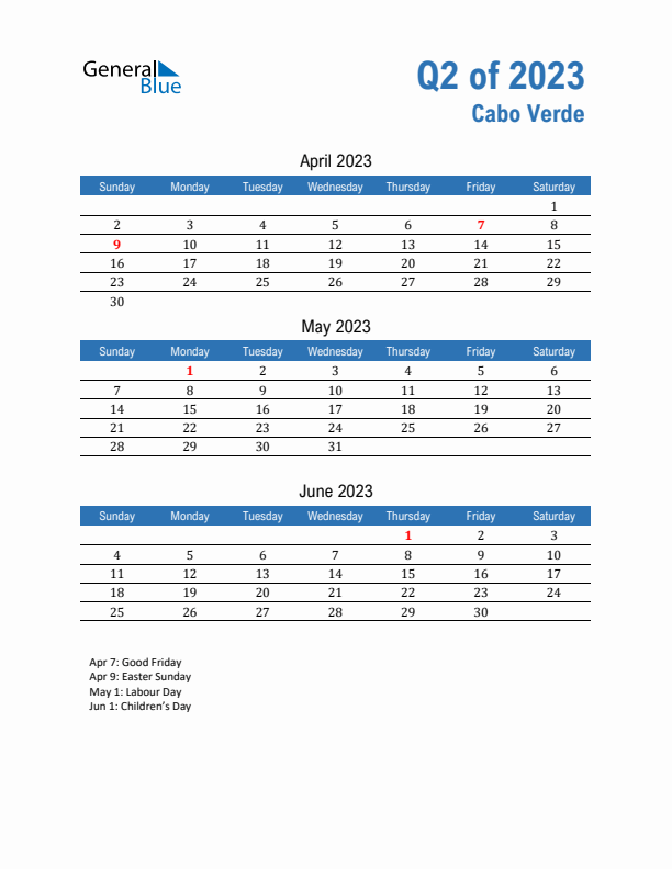 Cabo Verde Q2 2023 Quarterly Calendar with Sunday Start