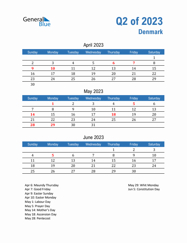 Denmark Q2 2023 Quarterly Calendar with Sunday Start