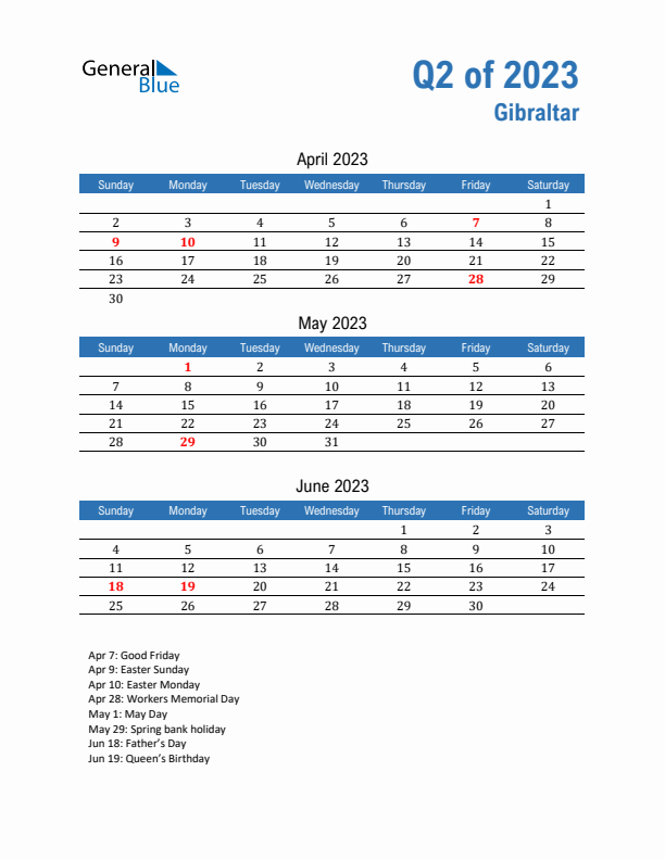 Gibraltar Q2 2023 Quarterly Calendar with Sunday Start