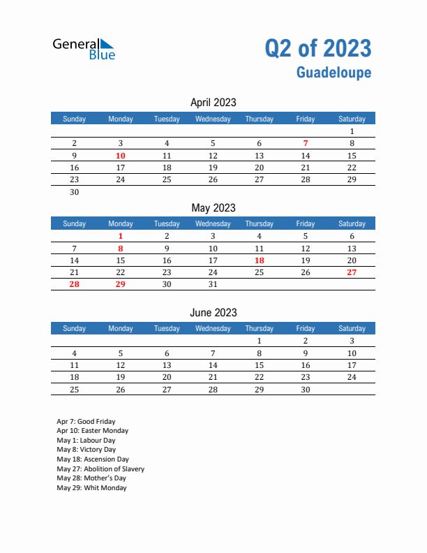 Guadeloupe Q2 2023 Quarterly Calendar with Sunday Start