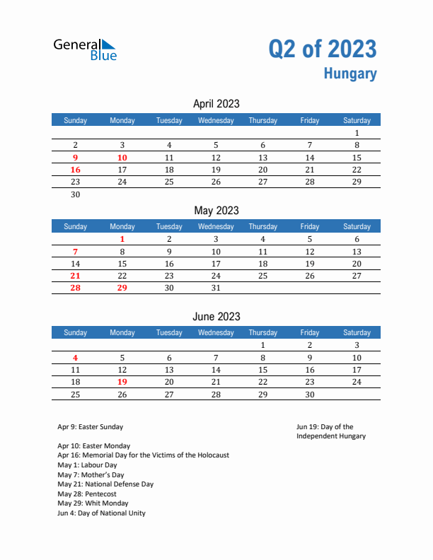 Hungary Q2 2023 Quarterly Calendar with Sunday Start