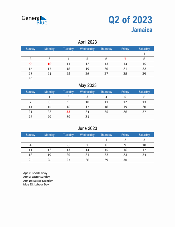 Jamaica Q2 2023 Quarterly Calendar with Sunday Start