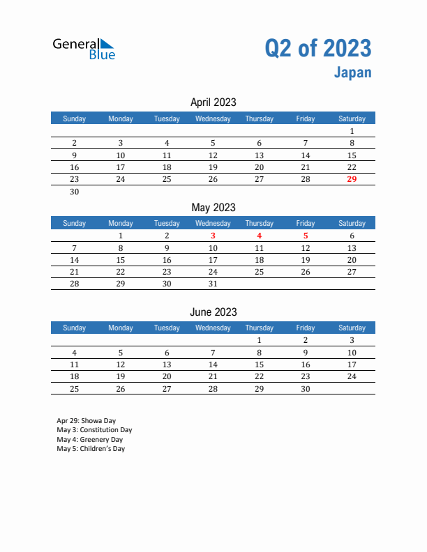 Japan Q2 2023 Quarterly Calendar with Sunday Start