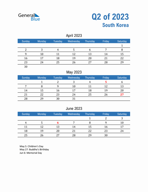 South Korea Q2 2023 Quarterly Calendar with Sunday Start