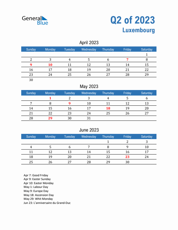 Luxembourg Q2 2023 Quarterly Calendar with Sunday Start