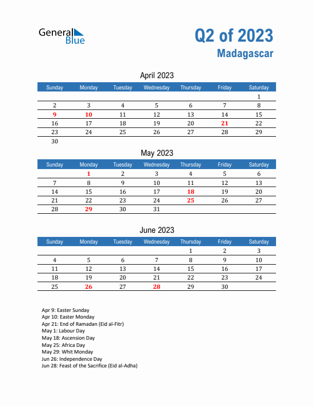 Madagascar Q2 2023 Quarterly Calendar with Sunday Start