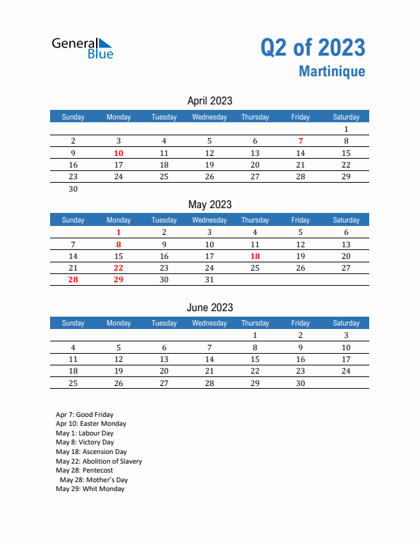 Martinique Q2 2023 Quarterly Calendar with Sunday Start