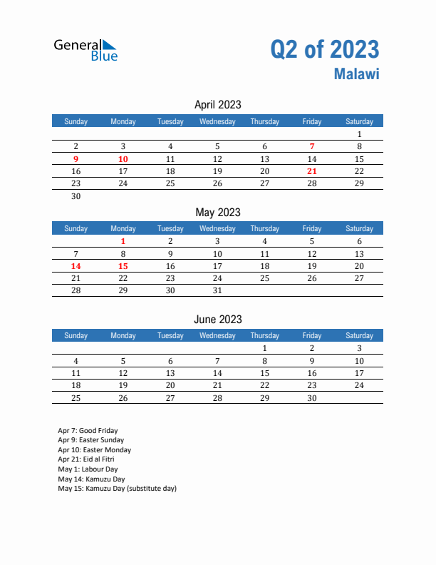 Malawi Q2 2023 Quarterly Calendar with Sunday Start