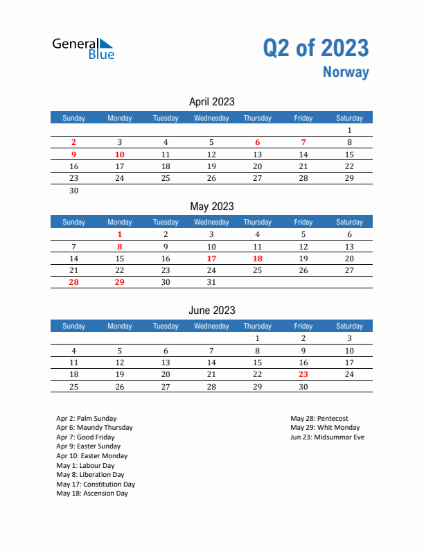 Norway Q2 2023 Quarterly Calendar with Sunday Start