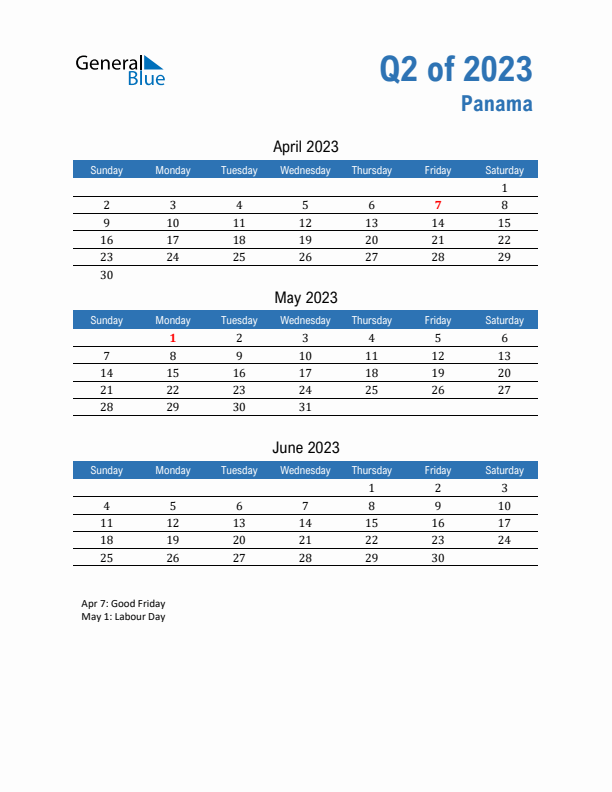 Panama Q2 2023 Quarterly Calendar with Sunday Start