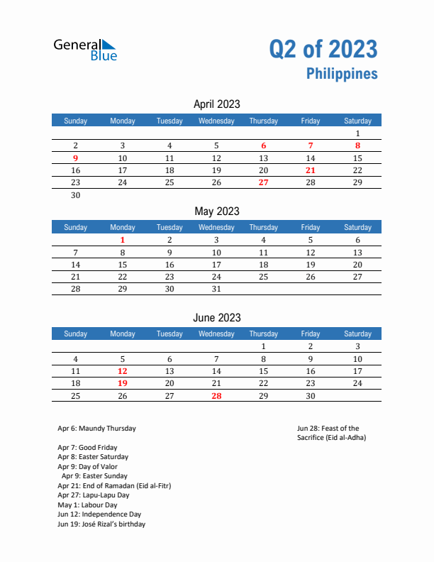 Philippines Q2 2023 Quarterly Calendar with Sunday Start