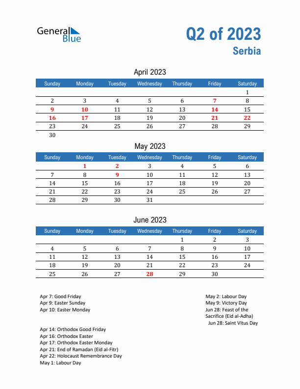 Serbia Q2 2023 Quarterly Calendar with Sunday Start