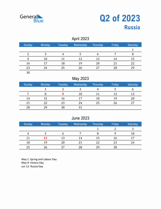 Russia Q2 2023 Quarterly Calendar with Sunday Start