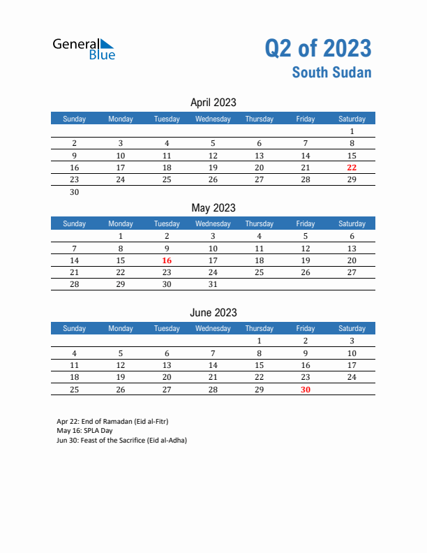 South Sudan Q2 2023 Quarterly Calendar with Sunday Start