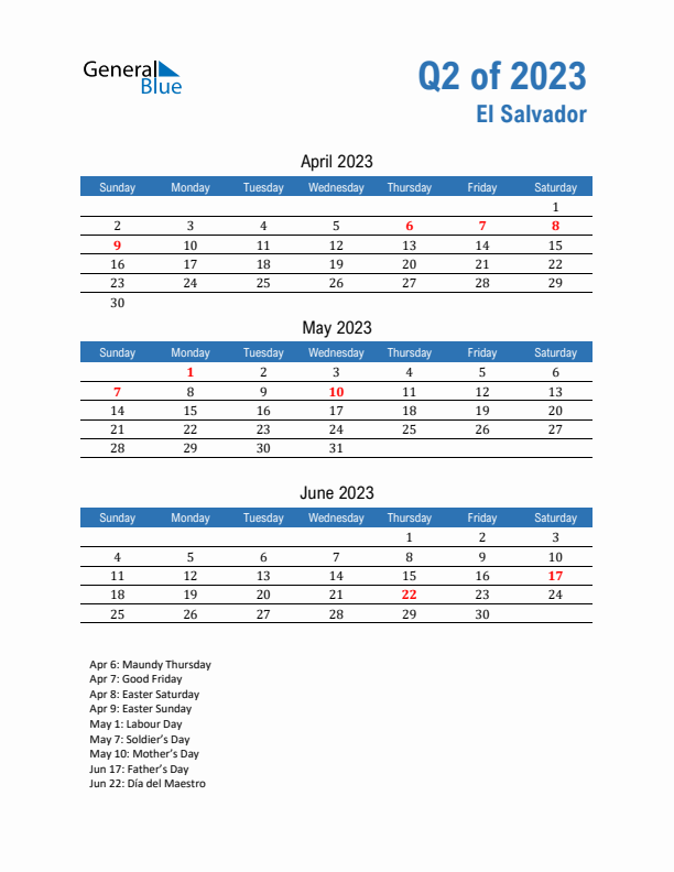 El Salvador Q2 2023 Quarterly Calendar with Sunday Start