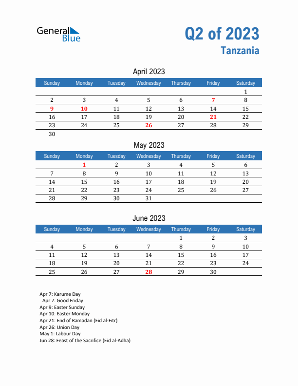 Tanzania Q2 2023 Quarterly Calendar with Sunday Start