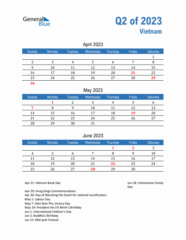 Vietnam Q2 2023 Quarterly Calendar with Sunday Start