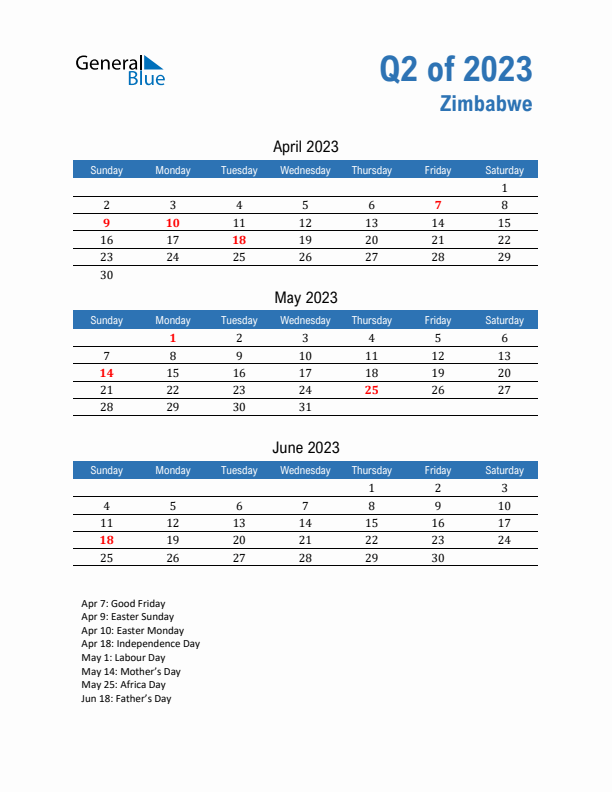 Zimbabwe Q2 2023 Quarterly Calendar with Sunday Start