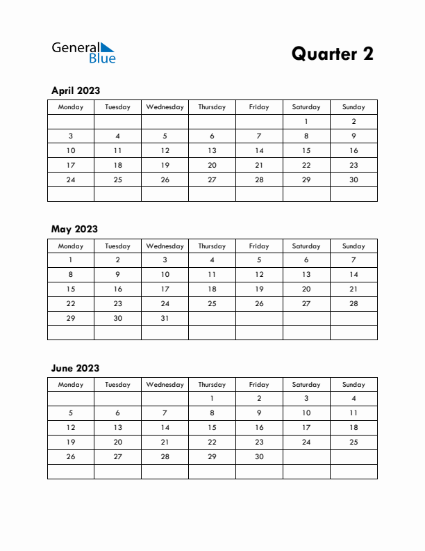 Quarter 2 2023 Calendar - Monday Start