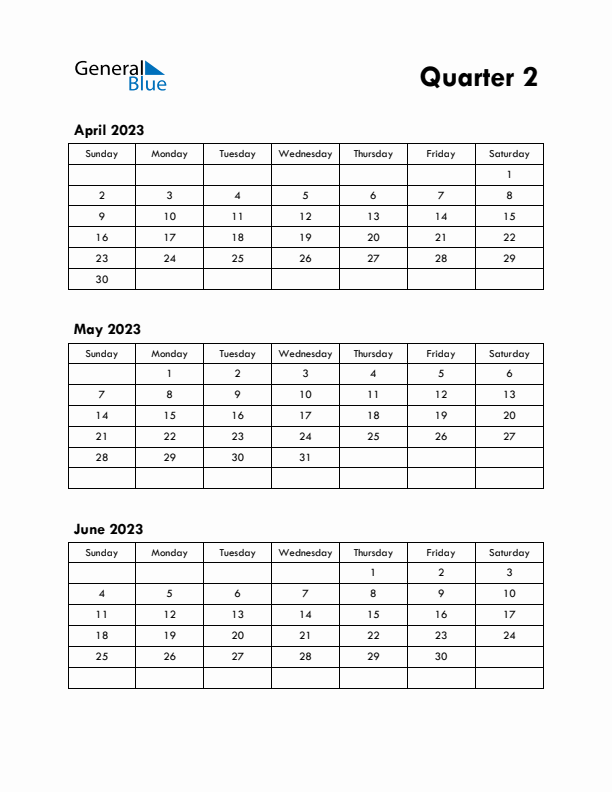 Quarter 2 2023 Calendar - Sunday Start