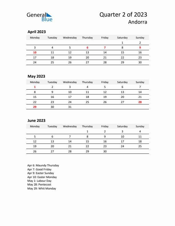 2023 Q2 Three-Month Calendar for Andorra