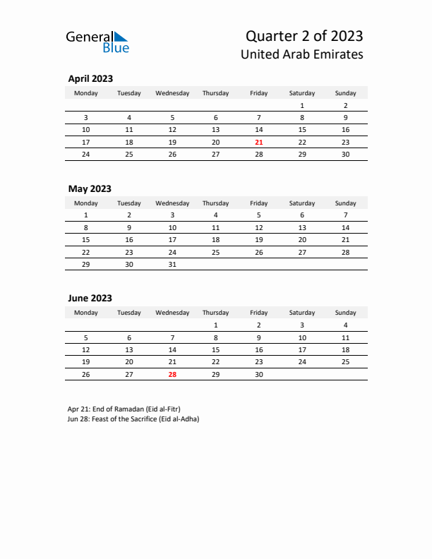 2023 Q2 Three-Month Calendar for United Arab Emirates