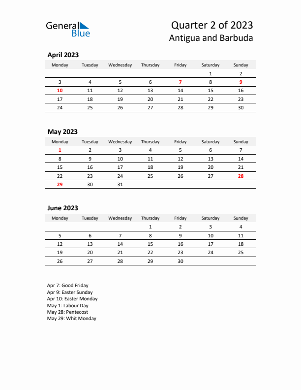 2023 Q2 Three-Month Calendar for Antigua and Barbuda