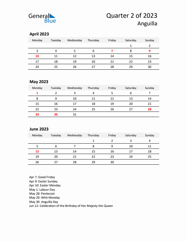 2023 Q2 Three-Month Calendar for Anguilla