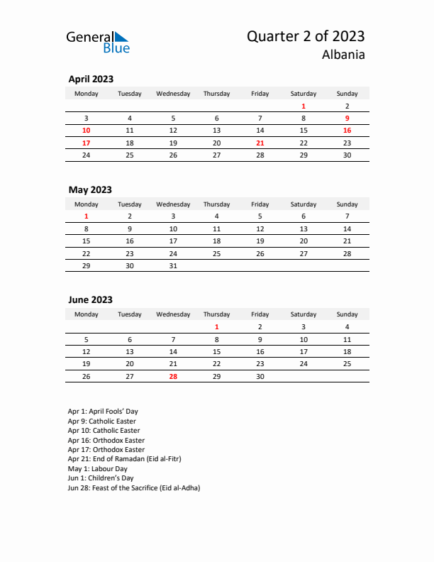 2023 Q2 Three-Month Calendar for Albania