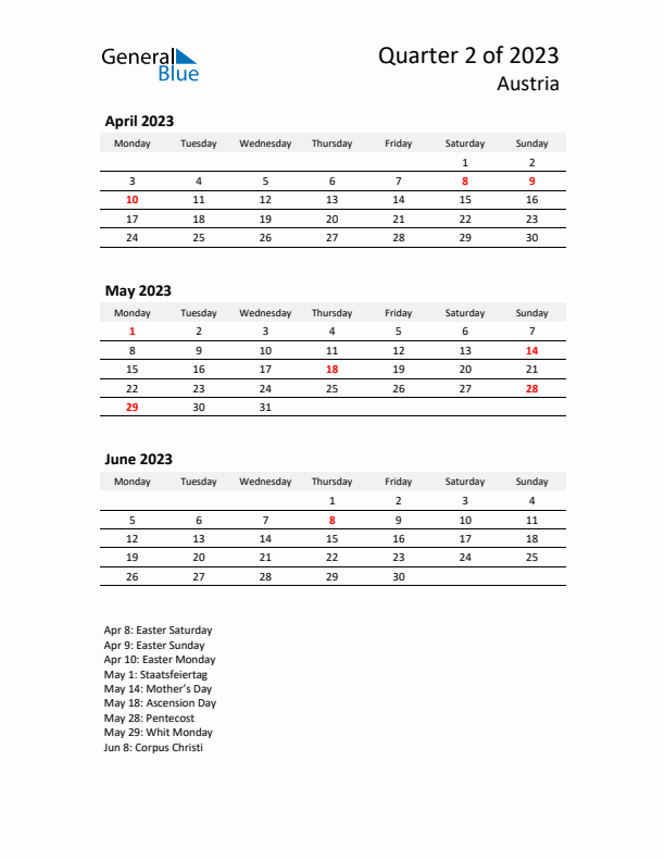 2023 Q2 Three-Month Calendar for Austria