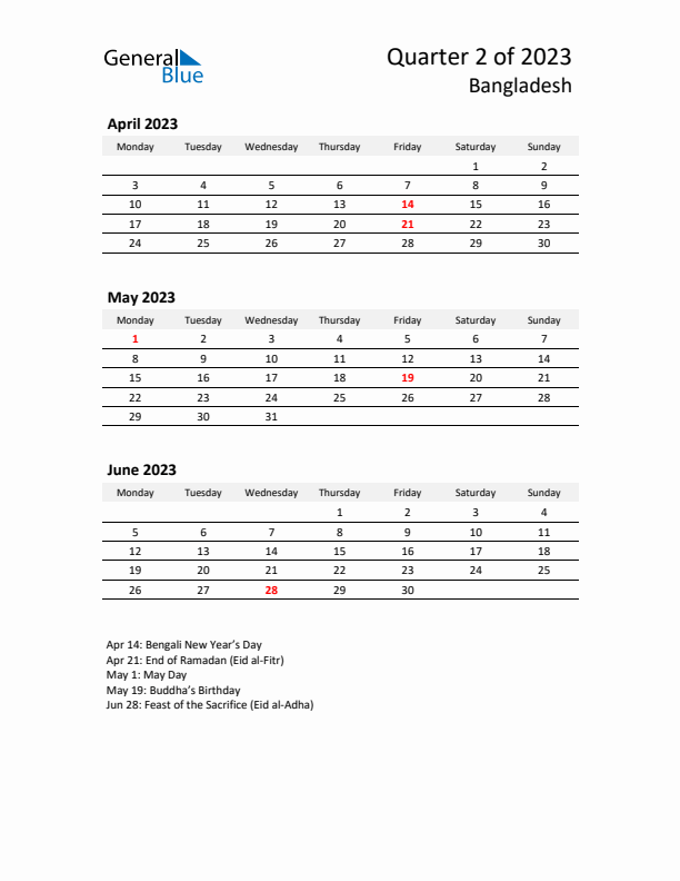 2023 Q2 Three-Month Calendar for Bangladesh