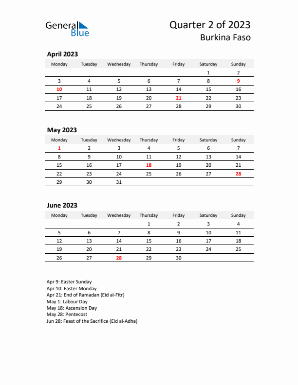 2023 Q2 Three-Month Calendar for Burkina Faso