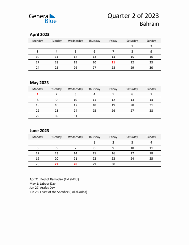 2023 Q2 Three-Month Calendar for Bahrain